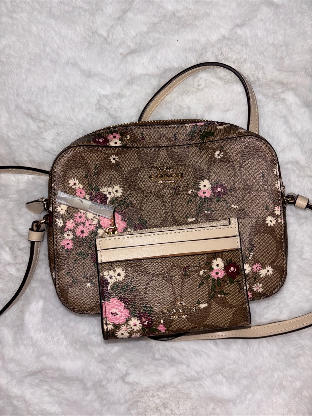 NWT Coach Brown Signature Floral Canvas Crossbody with Pink Accents